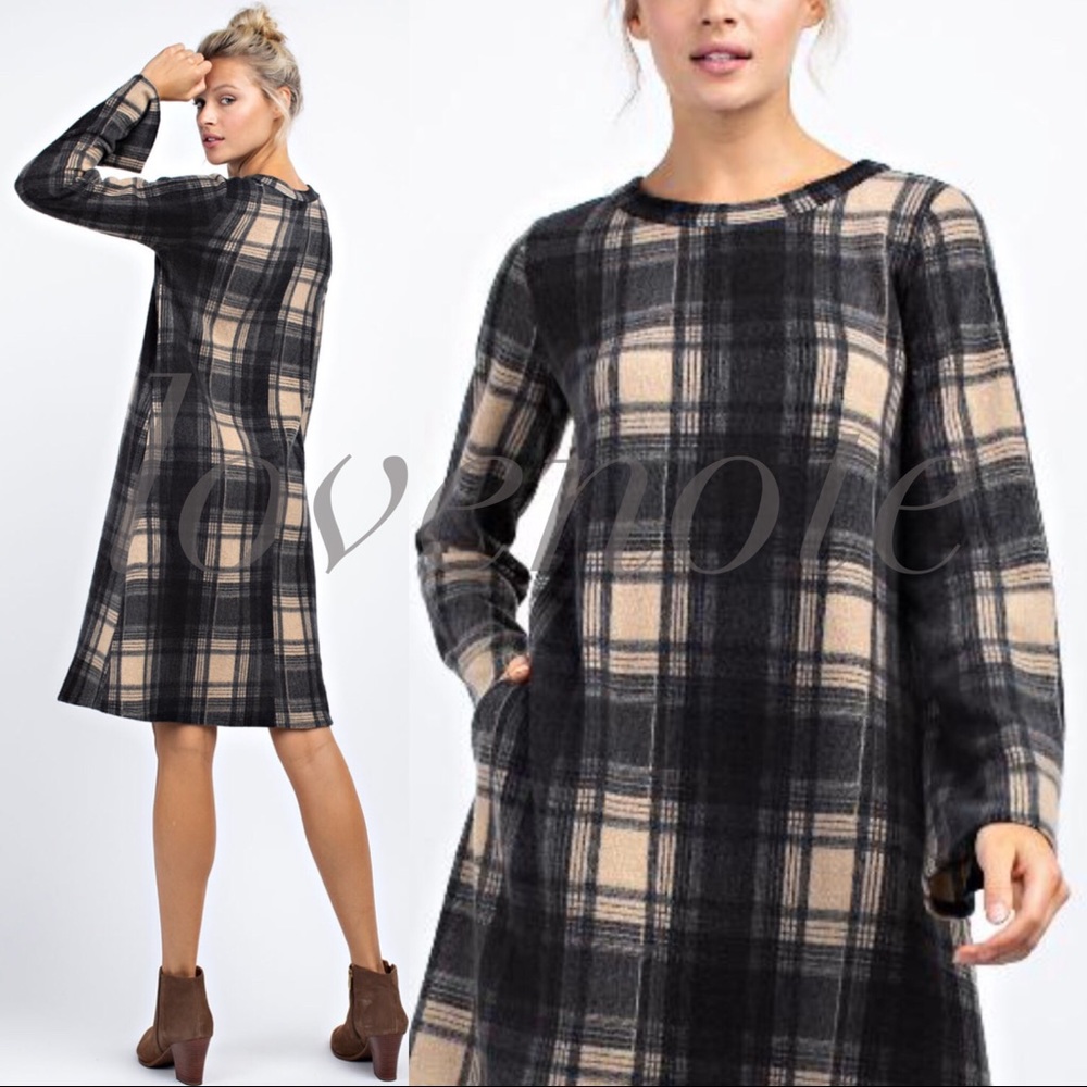 Softest Brushed Plaid Long Sleeve Dress Pockets - Picture 3 of 7